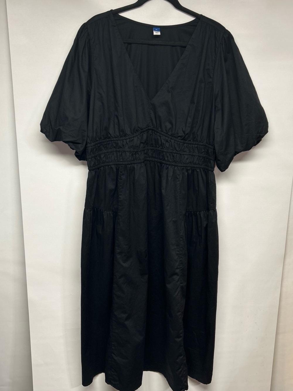 Old Navy Black V-Neck Midi Dress with Puff Sleeves